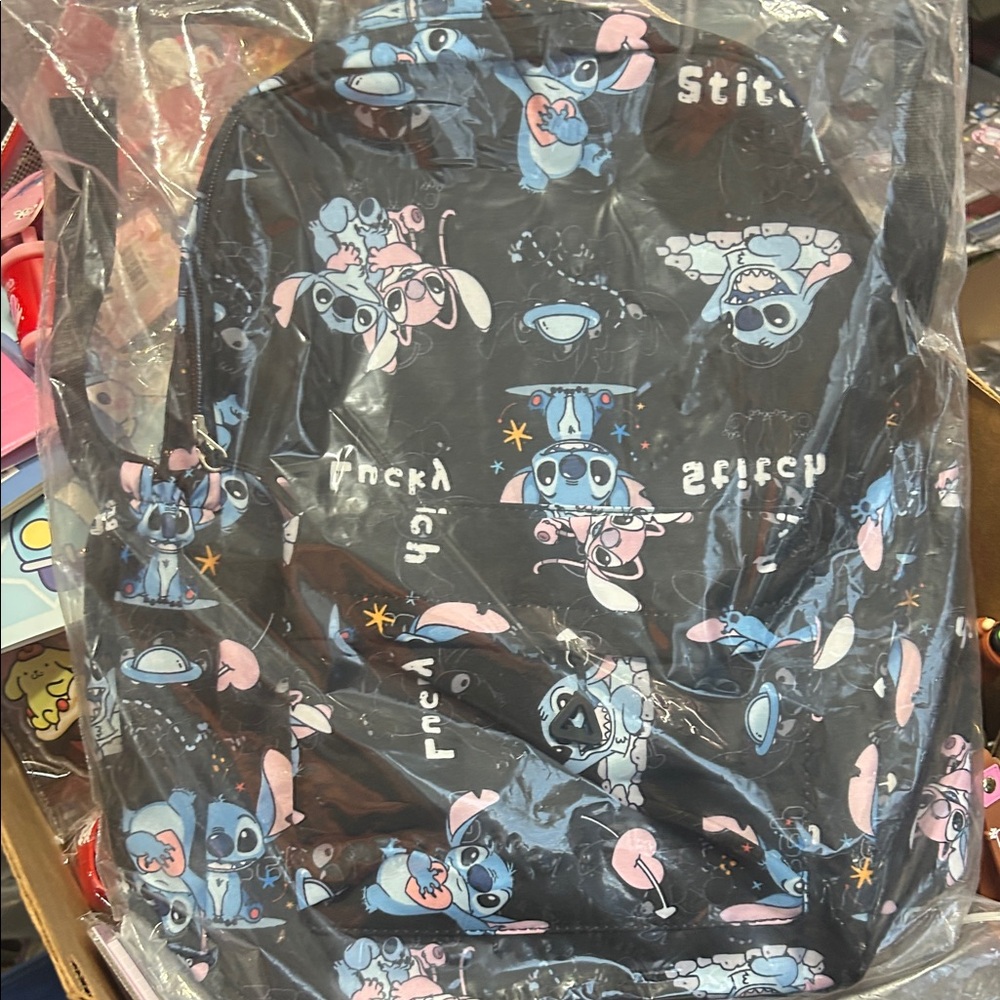Stitch Pattern Black Backpack with Blue & Pink Accents